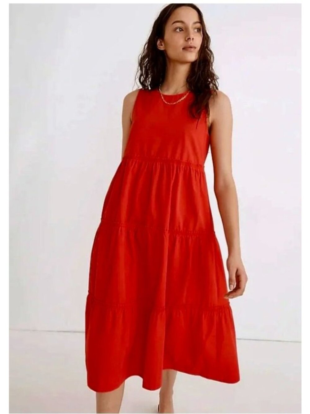 Madewell Cattail Tiered Midi Dress Red Size Large Cotton